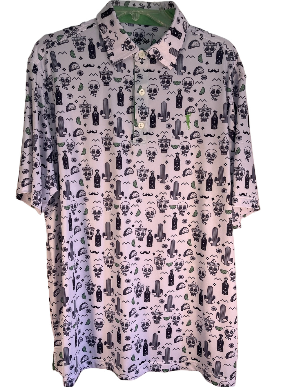 Grunk Dolfer Golf Shirt White Polo Black Green Novelty Print Skull Cactus Taco L